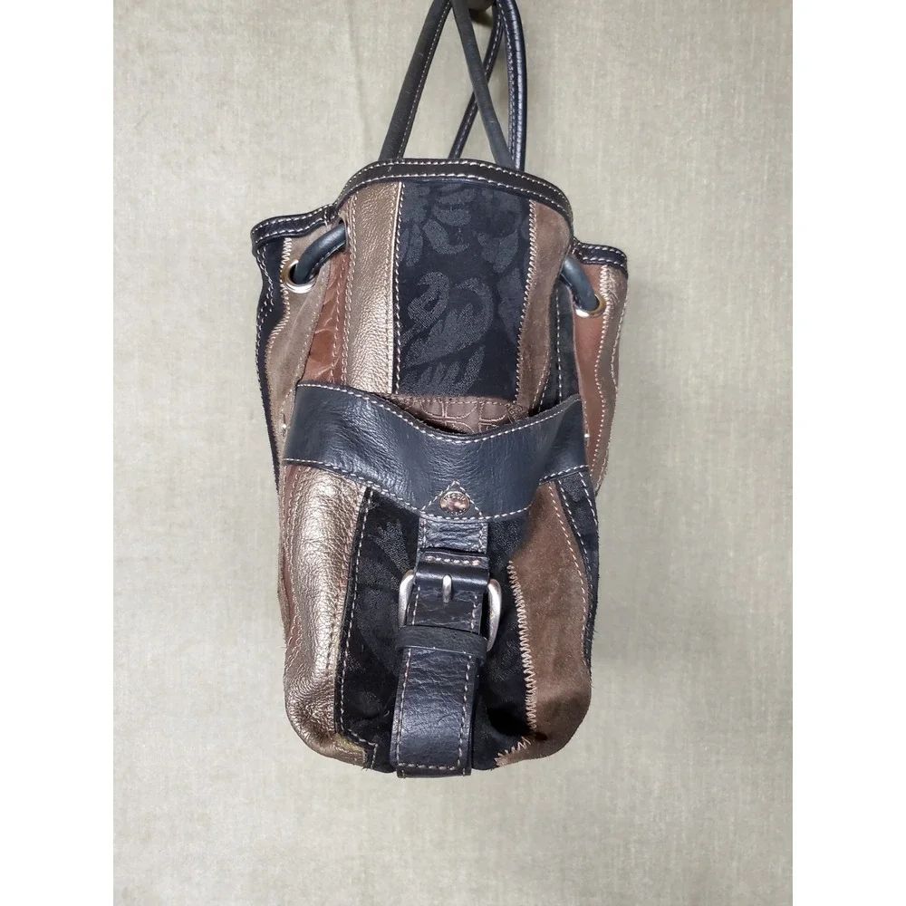 Fossil Y2K Hobo Patchwork Leather Suede Bag Brown Black Bronze Metallic M